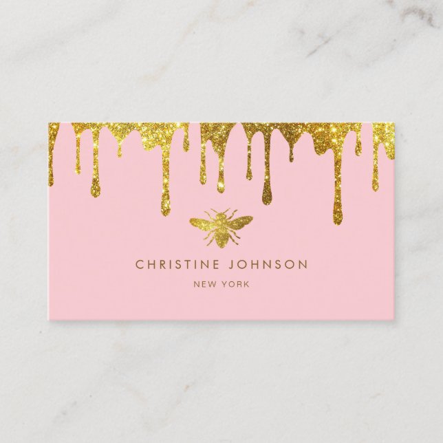 honey drips bee on pastel pink business card (Front)
