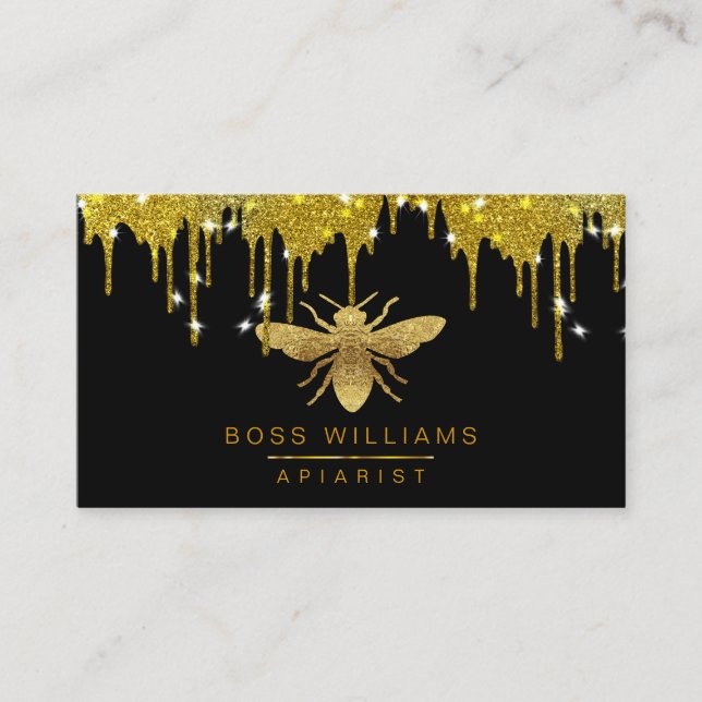 Honey Drips Gold Faux Bee Glitter  Business Card (Front)
