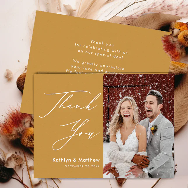 Honey Gold Elegant Script Modern Photo Wedding Thank You Card | Zazzle