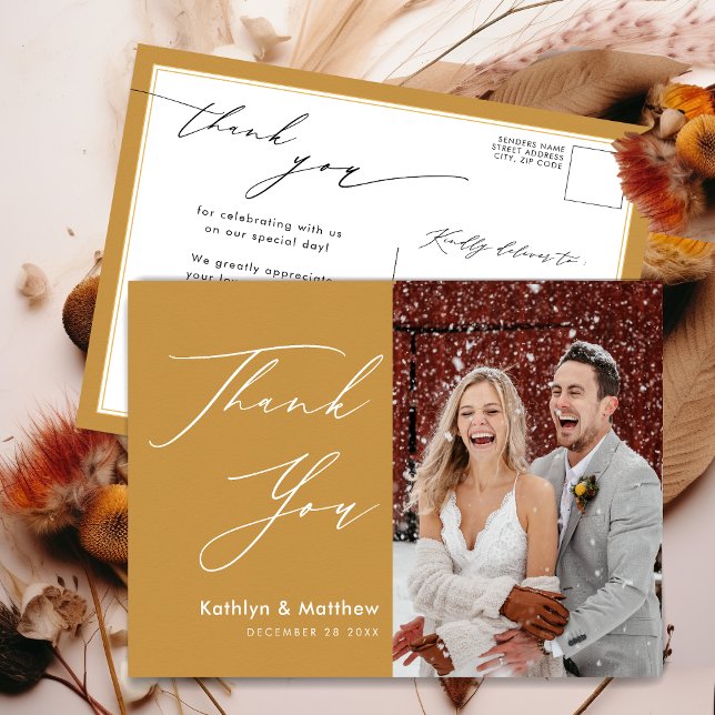 Honey Gold Elegant Script Modern Wedding Thank You Postcard (Creator Uploaded)