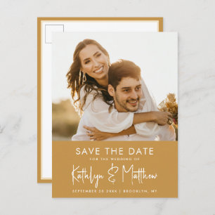 Honey Gold Fun Script Modern Photo Wedding Save Th Announcement Postcard