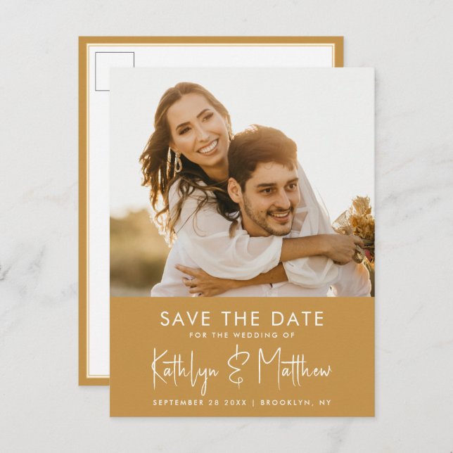 Honey Gold Fun Script Modern Photo Wedding Save Th Announcement Postcard (Front/Back)