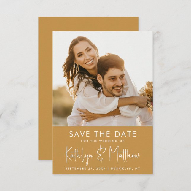 Honey Gold Fun Script Modern Photo Wedding Save The Date (Front/Back)