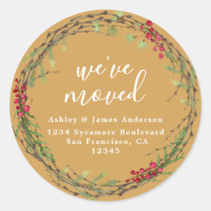 Honey Gold Holiday Greenery Weve Moved Address Classic Round Sticker