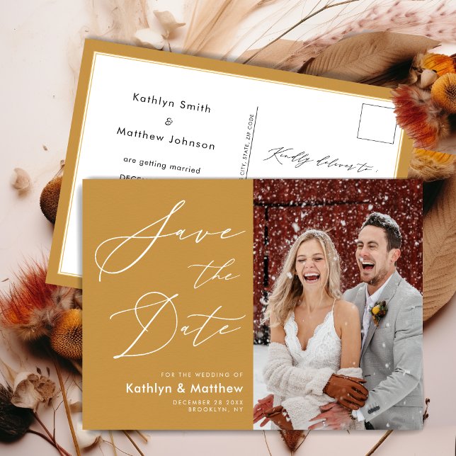 Honey Gold Modern Script Wedding Save The Date Announcement Postcard (Creator Uploaded)