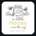 Honey Hand-drawn Jar & Bees White Baby Shower Square Sticker<br><div class="desc">This cute "little honey" hand-drawn/doodle style baby shower sticker features a white background with a honey jar and dipper,  bees,  and flowers. Personalize it for your needs. You can find matching products at my store.</div>