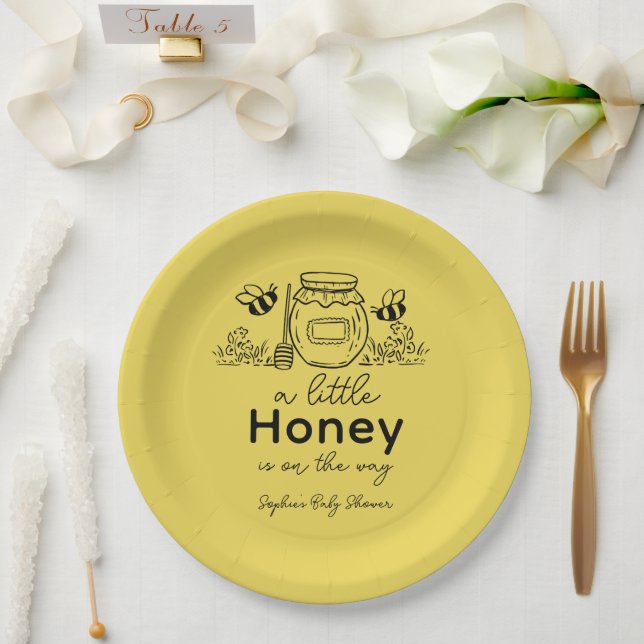 Honey Hand-drawn Jar & Bees Yellow Baby Shower Paper Plate (Wedding)