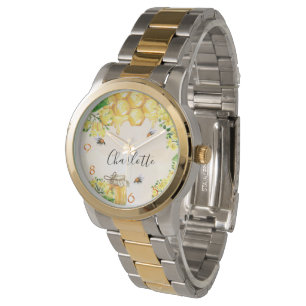 Honey honeycomb bees yellow monogram name watch