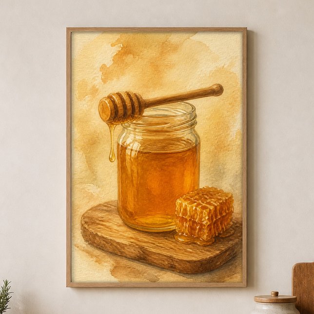 Honey Jar and Dipper Watercolour Poster (Shown framed for scale. Poster ships unframed; frames are an optional add-on.)
