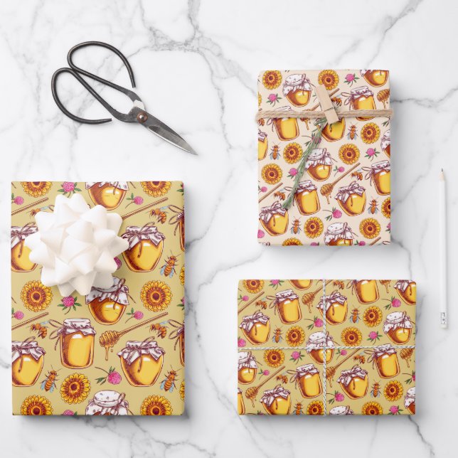 Honey Jar Bees Wrapping Paper Flat Sheet Set of 3 (Front)