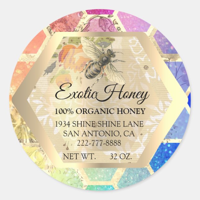 Honey Jar Honeybee Honeycomb Apiary Gold Rainbow Classic Round Sticker (Front)