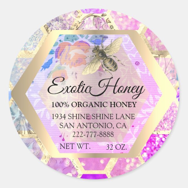Honey Jar Honeybee Honeycomb Apiary Pink Glitter Classic Round Sticker (Front)