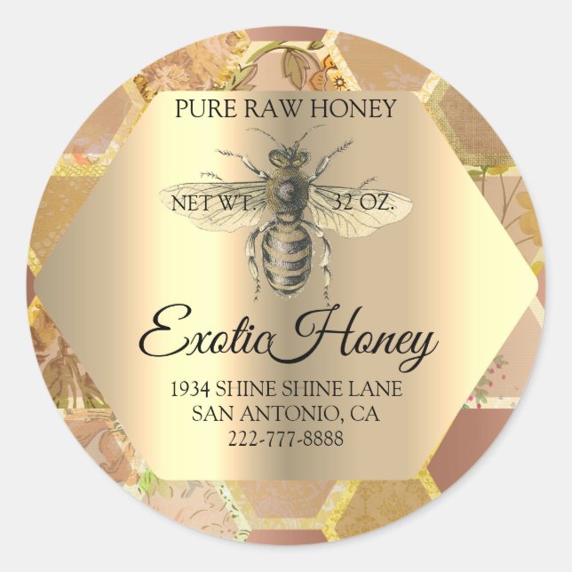 Honey Jar Honeybee Honeycomb Bee Apiary Rose Gold Classic Round Sticker (Front)