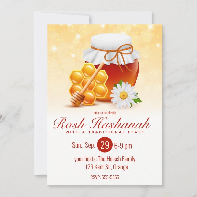 Honey Jar, Honeycomb, Daisy Rosh Hashanah Invitation (Front)