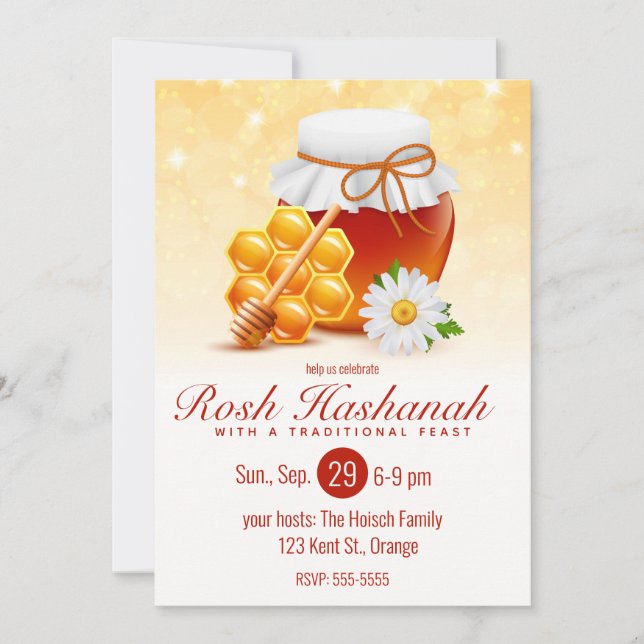 Honey Jar, Honeycomb, Daisy Rosh Hashanah Invitation (Front)