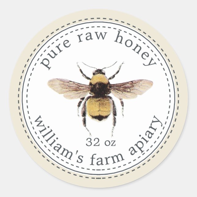 Honey Jar Label Honeybee Apiary Antique White (Front)