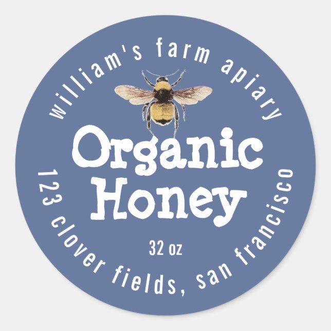 Honey Jar Label Honeybee Apiary Blue (Front)