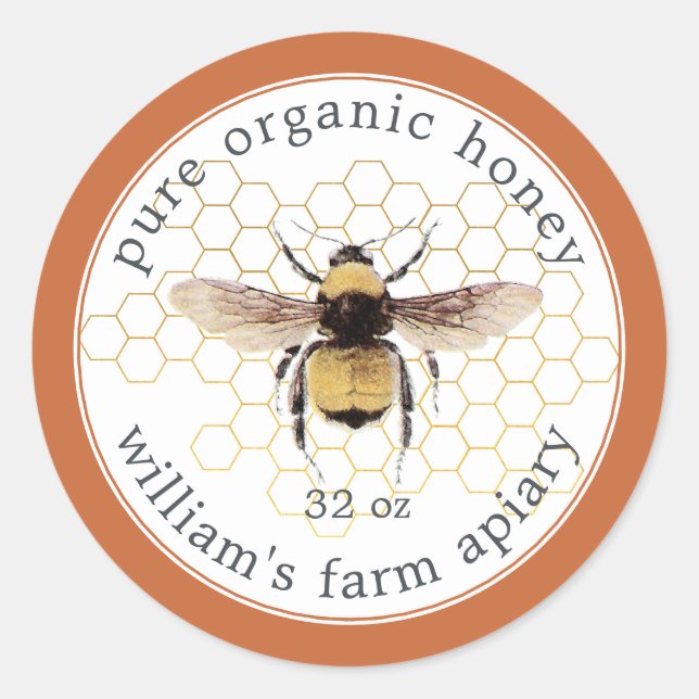 Honey Jar Label Honeybee Apiary Burnt Orange (Front)