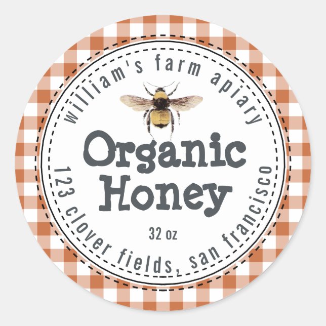 Honey Jar Label Honeybee Apiary Burnt Orange Check (Front)