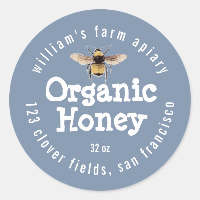 Honey Jar Label Honeybee Apiary Dusty Blue (Front)