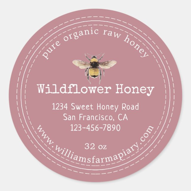 Honey Jar Label Honeybee Apiary Dusty Rose (Front)