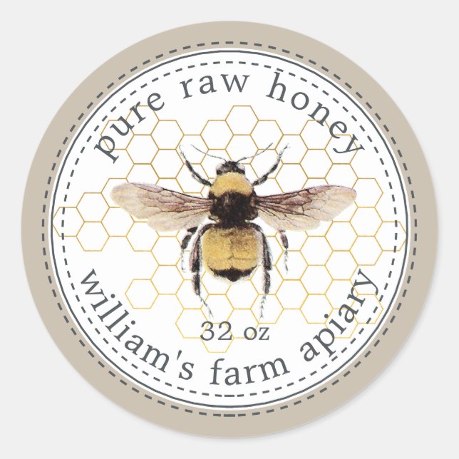 Honey Jar Label Honeybee Apiary Grey (Front)