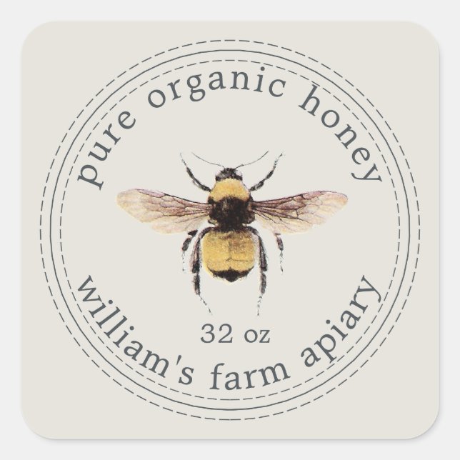 Honey Jar Label Honeybee Apiary Grey (Front)
