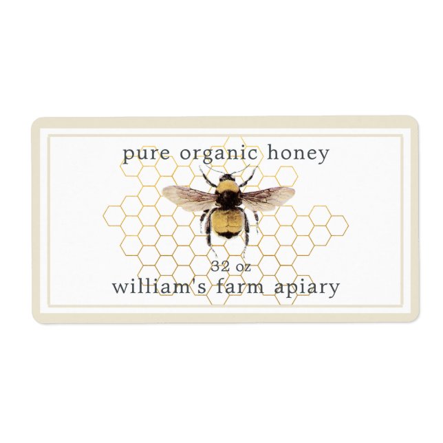 Honey Jar Label Honeybee Apiary Honeycomb Gold (Front)