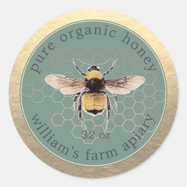 Honey Jar Label Honeybee Apiary Honeycomb Gold (Front)
