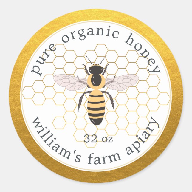 Honey Jar Label Honeybee Apiary Honeycomb Gold (Front)
