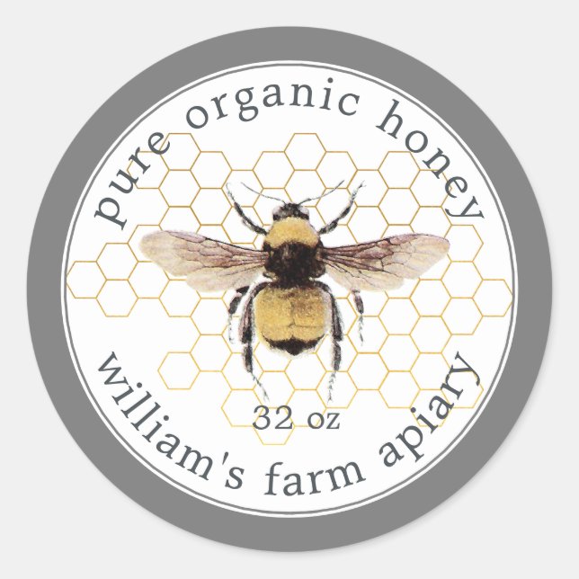 Honey Jar Label Honeybee Apiary Honeycomb Grey (Front)