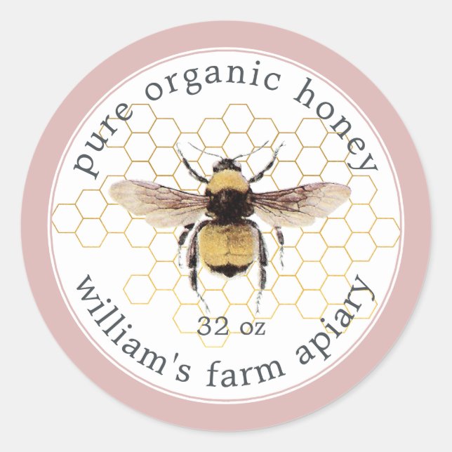 Honey Jar Label Honeybee Apiary Honeycomb Pink (Front)