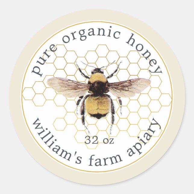 Honey Jar Label Honeybee Apiary Honeycomb White (Front)