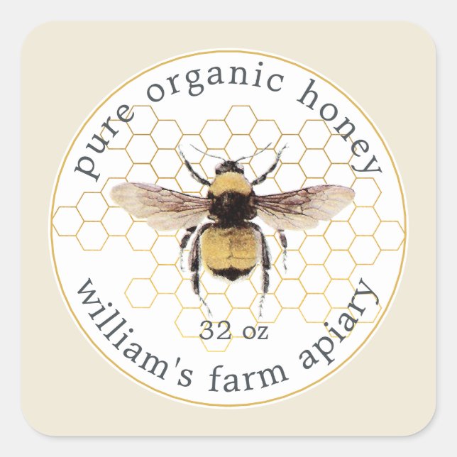 Honey Jar Label Honeybee Apiary Honeycomb White (Front)