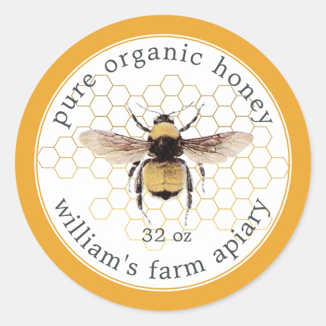 Honey Jar Label Honeybee Apiary Honeycomb Yellow (Front)