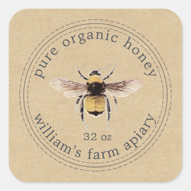 Honey Jar Label Honeybee Apiary Kraft Paper (Front)