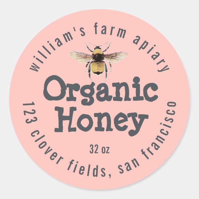 Honey Jar Label Honeybee Apiary Pastel Pink (Front)