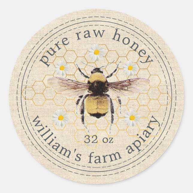 Honey Jar Label Honeybee Apiary Rustic Linen (Front)