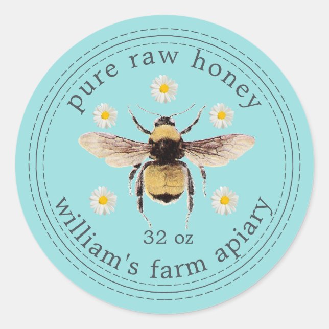 Honey Jar Label Honeybee Apiary Turquoise Blue (Front)