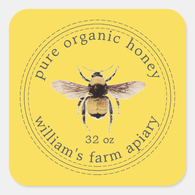 Honey Jar Label Honeybee Apiary Yellow (Front)