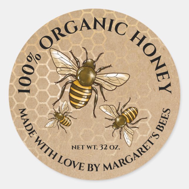 Honey Jar Labels Honeybee Honeycomb Bee Product (Front)
