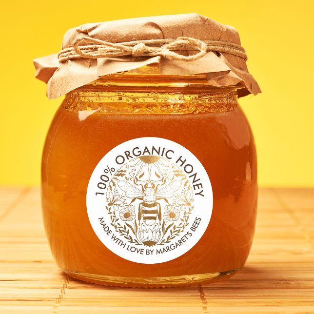 Honey Jar Labels Honeybee Honeycomb Bee Product (organic honey label with a golden bee and flowers, circle shape
)