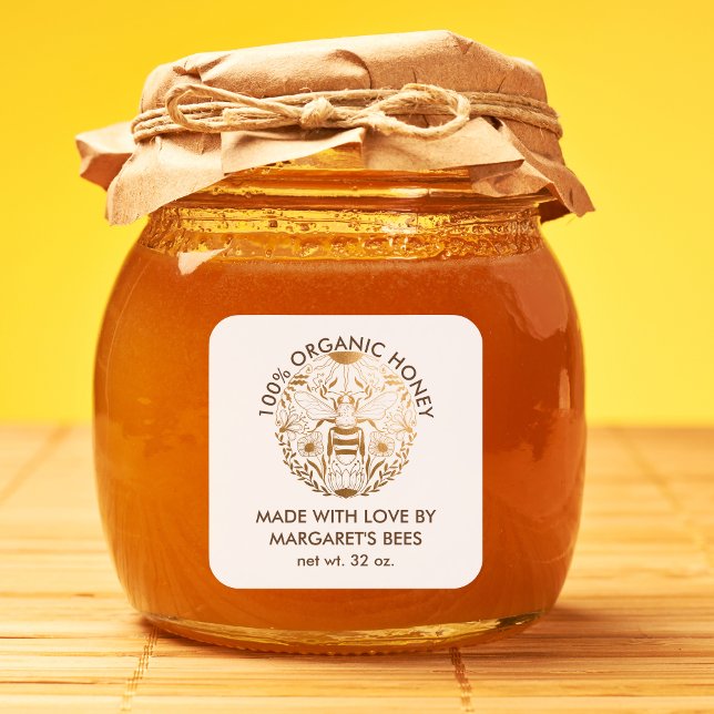Honey Jar Labels Honeybee Honeycomb Bee Product (natural organic honey label with a bee illustration, gold color)