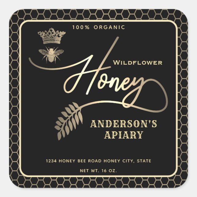 Honey jar modern script queen bee   square sticker (Front)