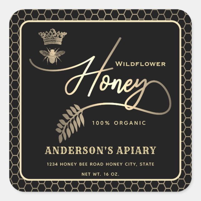Honey jar modern script queen bee   square sticker (Front)