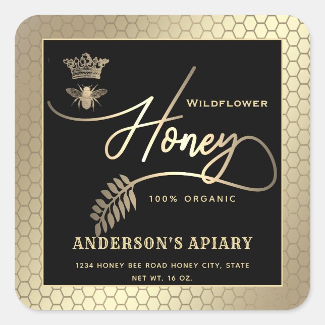 Honey jar modern script queen bee   square sticker (Front)