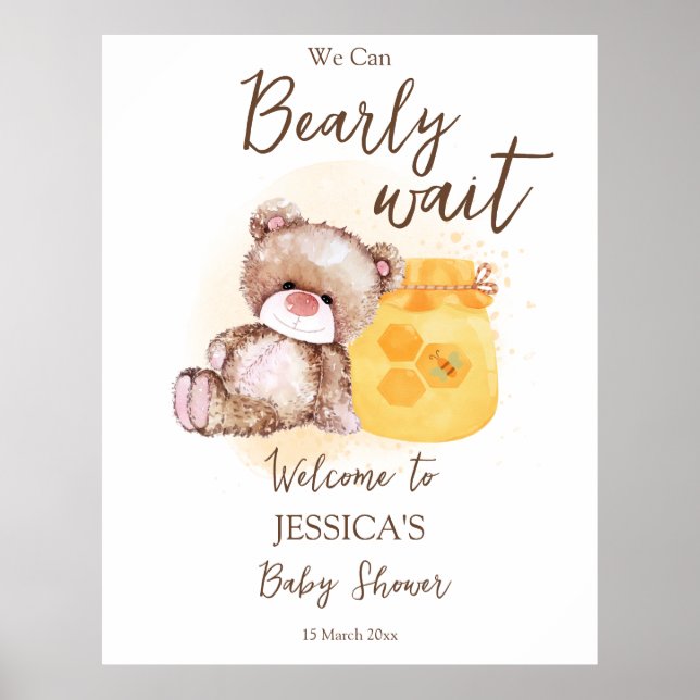 Honey jar teddy bear bearly wait baby shower poster (Front)