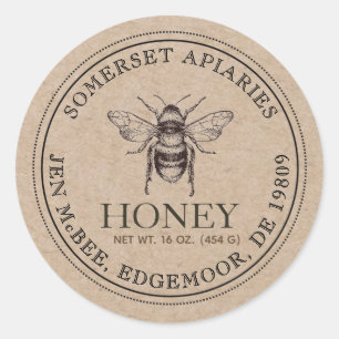 Honey Jar Vintage Bee Natural Bamboo Kraft Paper Classic Round Sticker