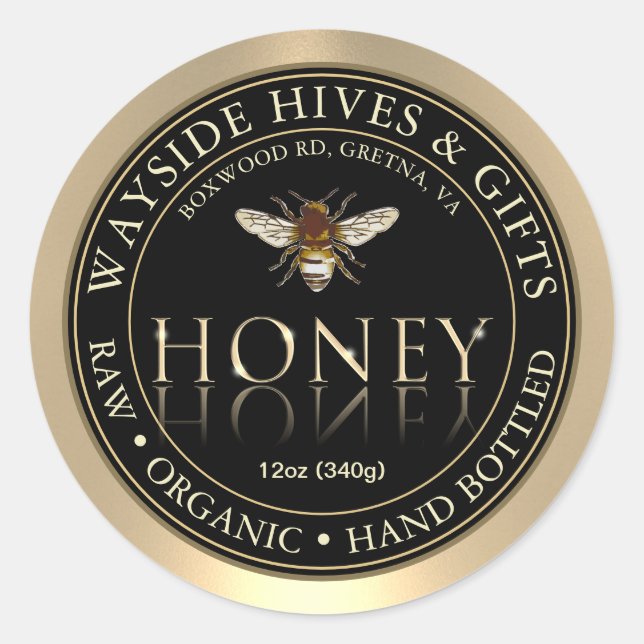 Honey Label Bee and Honeycomb on Black with Border (Front)