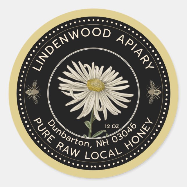 Honey Label Black Bee Daisy Beekeeper Apiary (Front)